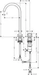 Axor Waschtischmischer mit zwei Anschlüssen, einem hohen Auslauf und integrierter Push-Open Ablaufgarnitur, dargestellt in einem technischen Schema mit Maßangaben.